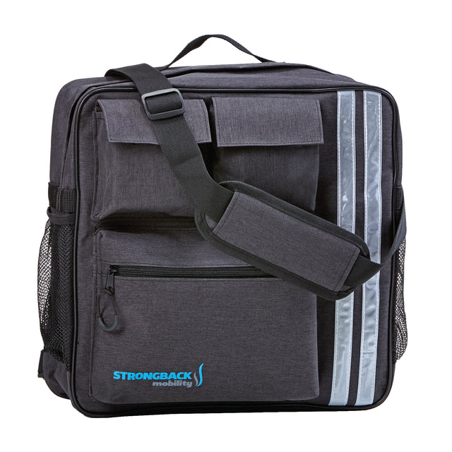 Wheelchair Backpack by StrongBack Mobility gray travel bag with shoulder strap front pockets and reflective stripes