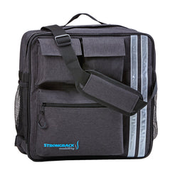 Wheelchair Backpack by StrongBack Mobility gray travel bag with shoulder strap front pockets and reflective stripes