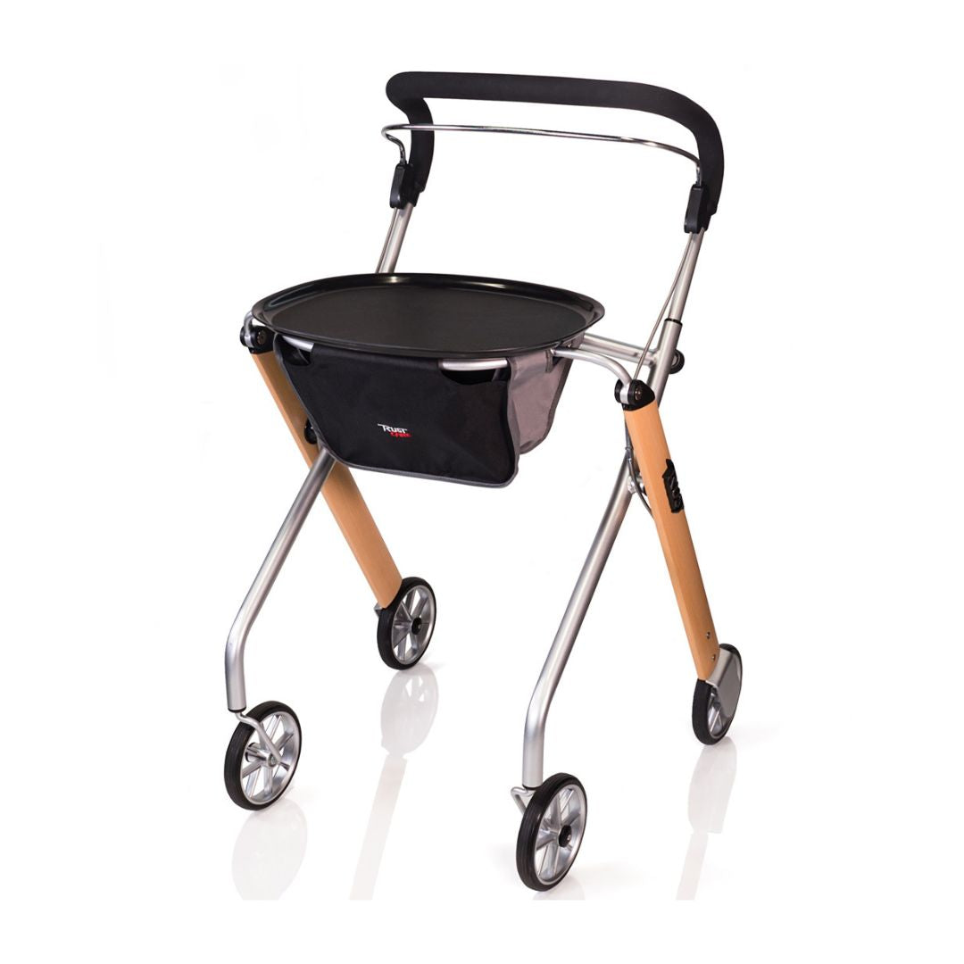 Trust Care Lets Go Indoor Rollator Walker with four wheels and black storage bag