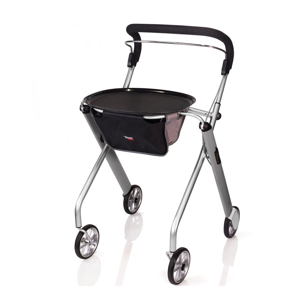 Trust Care Lets Go Indoor Rollator Walker with black tray and four wheels for easy indoor mobility