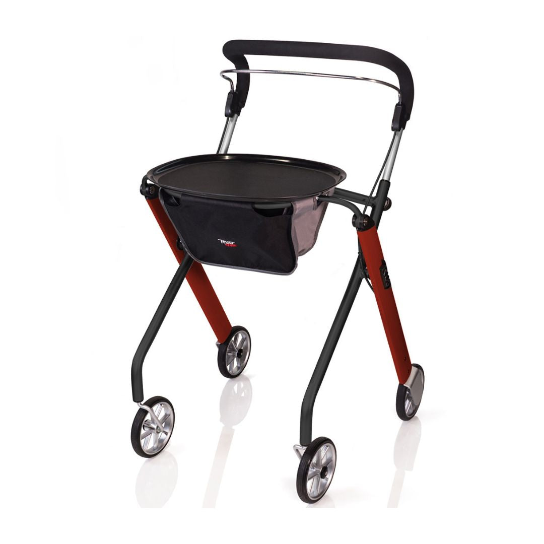 Trust Care Lets Go Indoor Rollator Walker with black seat tray and red frame for mobility support