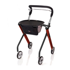 Trust Care Lets Go Indoor Rollator Walker with black seat tray and red frame for mobility support