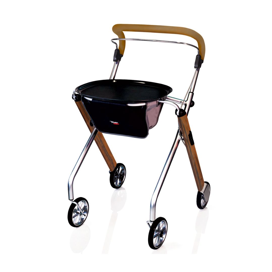 Trust Care Lets Go Indoor Rollator Walker with black basket and wooden frame accents for easy mobility