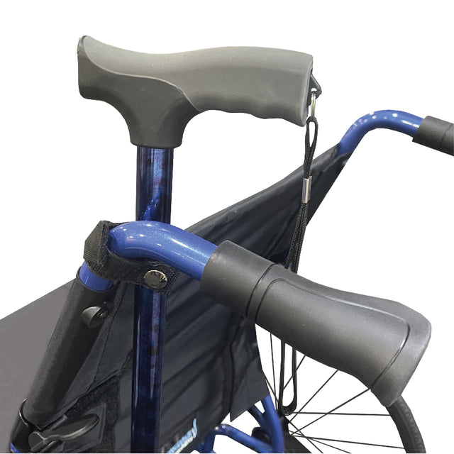 StrongBack Mobility Cane Holder For Wheelchair attached to blue wheelchair frame holding a gray cane