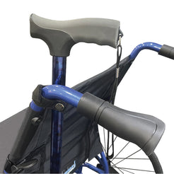 StrongBack Mobility Cane Holder For Wheelchair attached to blue wheelchair frame holding a gray cane