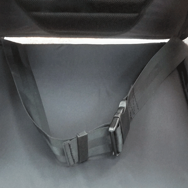 StrongBack Mobility Seatbelt positioning strap with quick release buckle on black seat pad