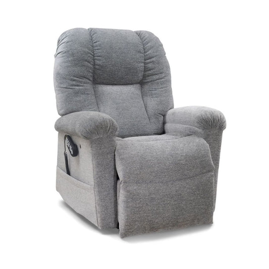 Golden Technologies Cloud with Twilight & Nirvana Power Lift Recliner in gray, side view with extended footrest
