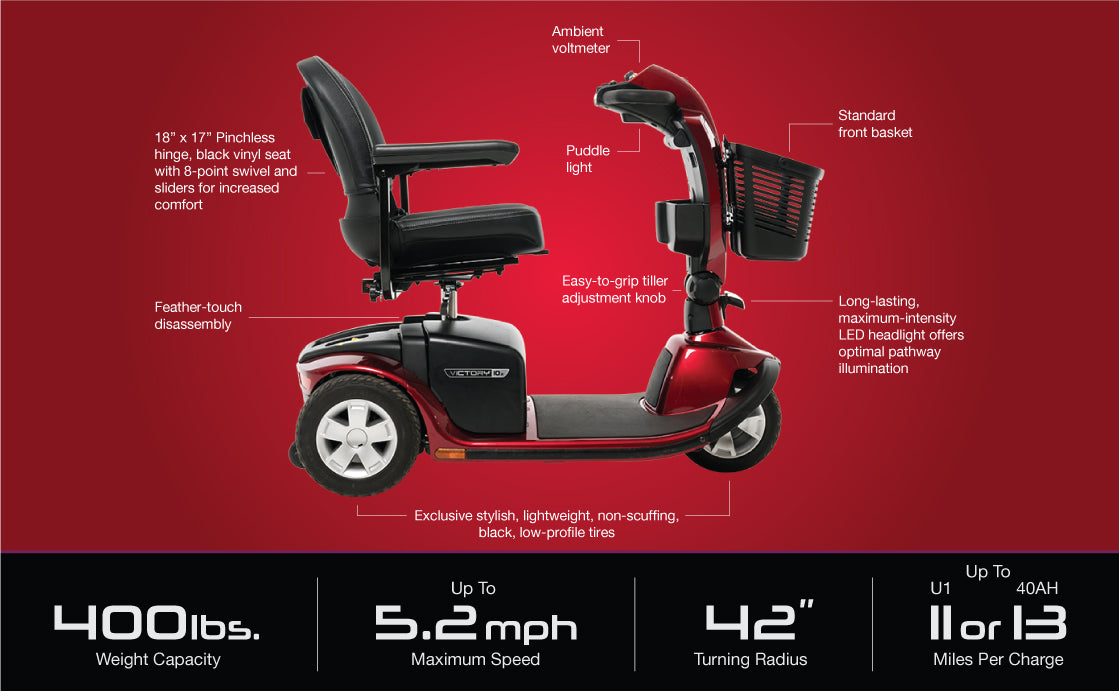 Pride Mobility Victory 10.2 3 Wheel Mobility Scooter with adjustable seat and front basket features