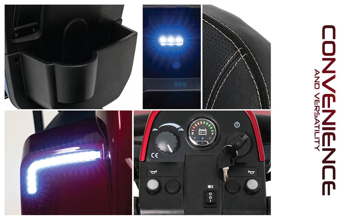 Pride Mobility Victory 10.2 3 Wheel scooter features including LED lights and dashboard controls