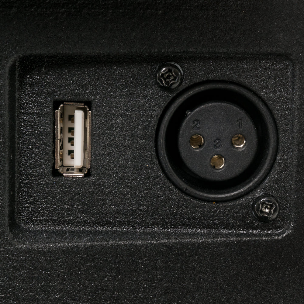 Close-up of Pride Mobility Victory 10.2 3 Wheel power port with USB and charging connections