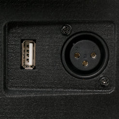 Close-up of Pride Mobility Victory 10.2 3 Wheel power port with USB and charging connections