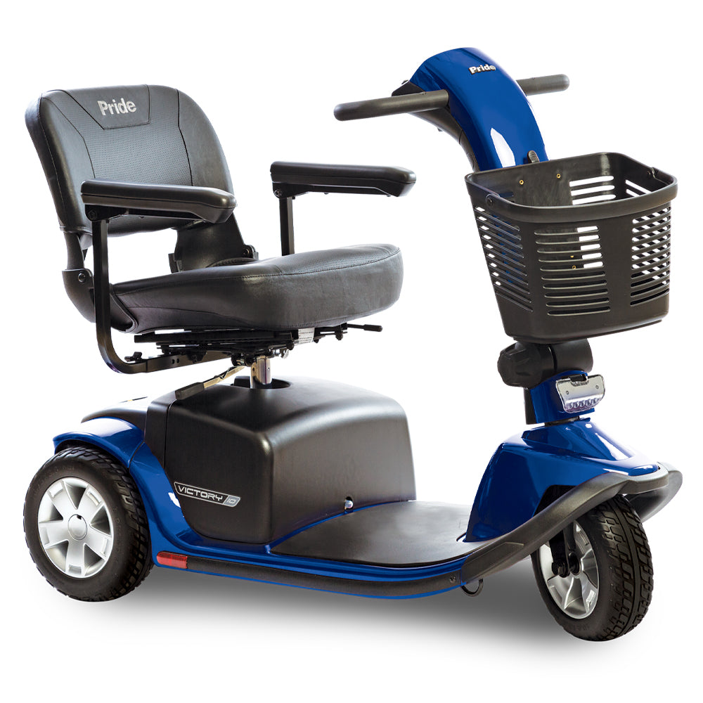 Pride Mobility Victory 10 3 wheel Mobility Scooter with comfortable seat and storage basket
