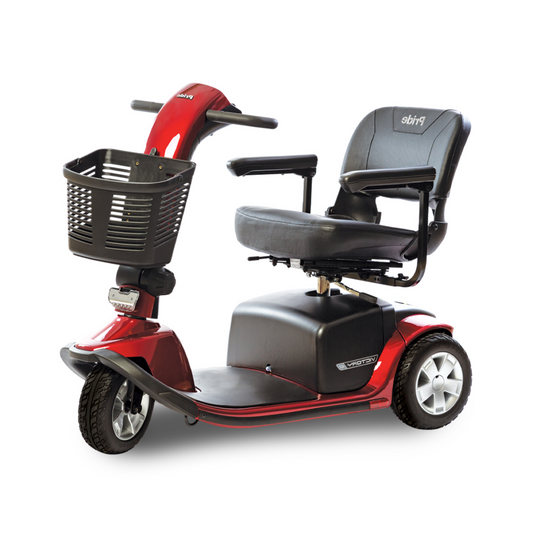 Pride Mobility Victory 10 3 Wheel Mobility Scooter in red with comfortable seating and storage basket