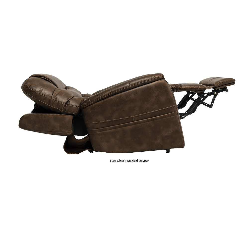 Pride Mobility VivaLift Elegance 2 PLR975M brown leather recliner chair in full recline position