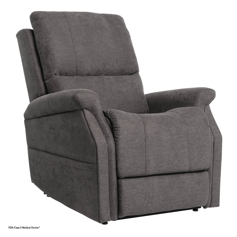 Pride Mobility VivaLift Metro 2 PLR925M gray fabric lift recliner chair with padded armrests and cushioned back