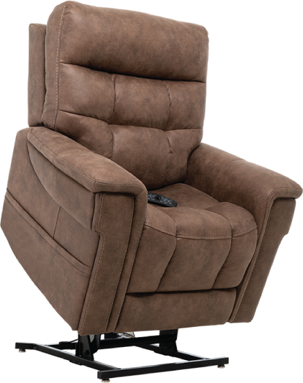 Pride Mobility VivaLift Radiance PLR3955S brown lift recliner chair with padded cushions and remote control