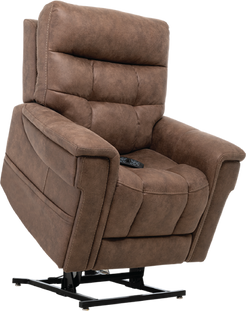 Pride Mobility VivaLift Radiance PLR3955S brown lift recliner chair with padded cushions and remote control
