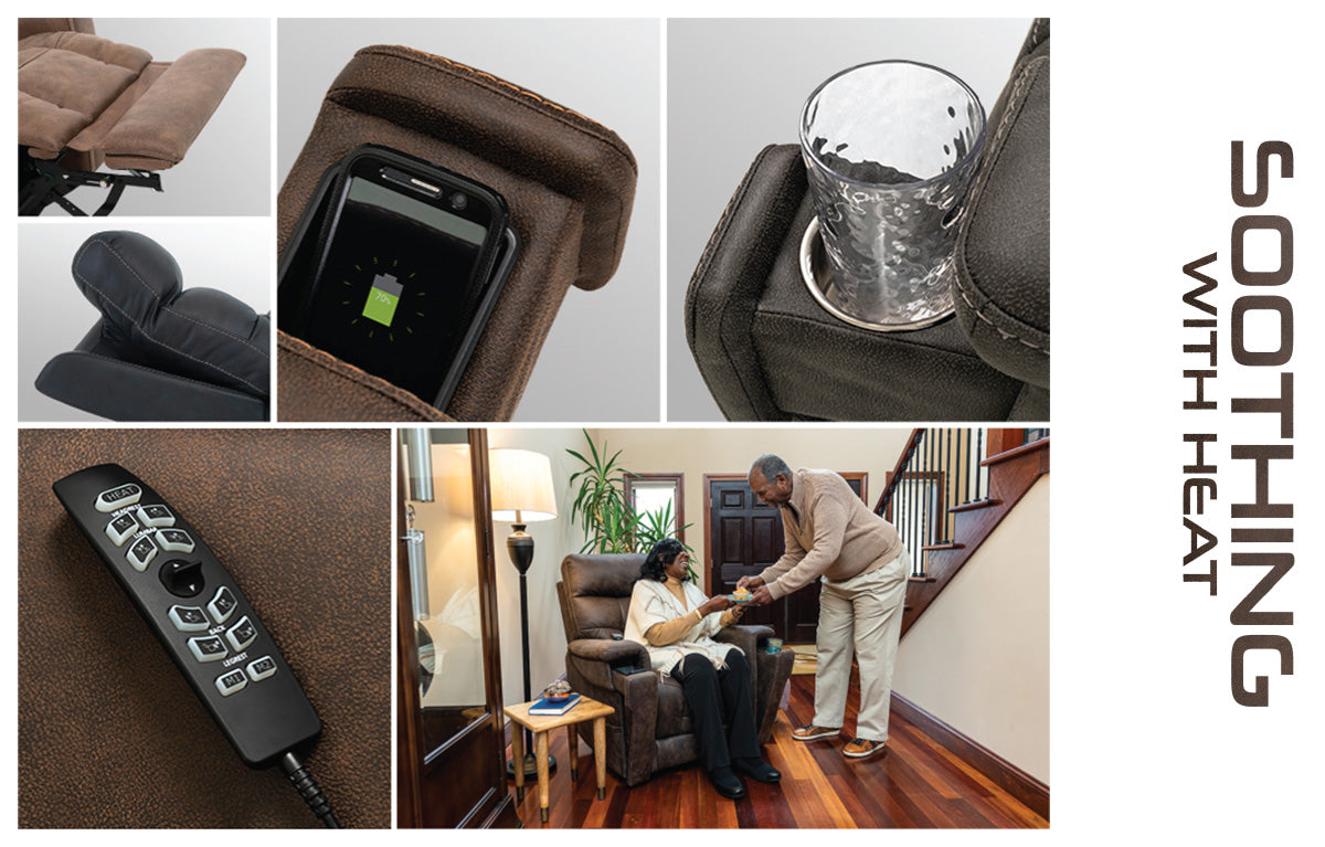 Pride Mobility VivaLift Radiance PLR3955S brown lift chair with heat, remote, cup holder, and phone pocket
