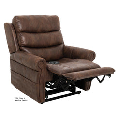 Pride Mobility VivaLift Tranquil 2 PLR935S brown leather lift recliner chair with extended footrest and cushioned armrests