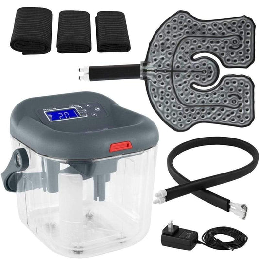 Vive Health Ice Therapy Machine with clear reservoir, digital control, hose, cold therapy pad, and three black straps