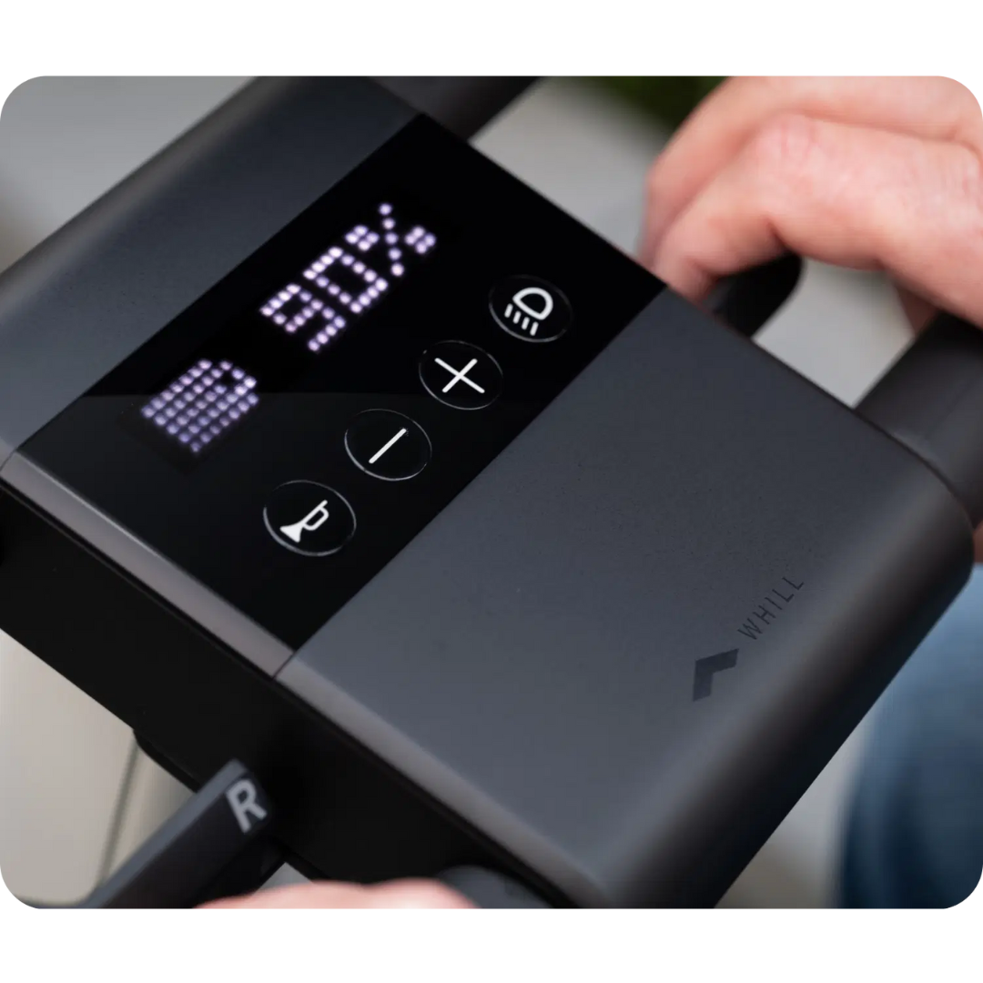 WHILL Model R Urban 4 Wheel Mobility Scooter control panel with battery display