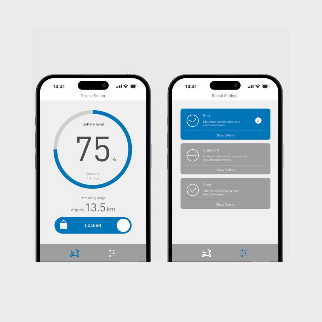 Mobile app interface for WHILL Model R Urban Mobility Scooter showing battery level and speed settings