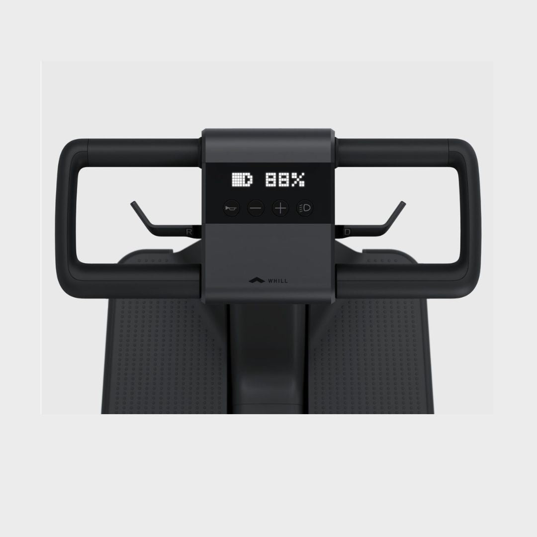 Control panel of WHILL Model R Urban Mobility Scooter showing battery level and features