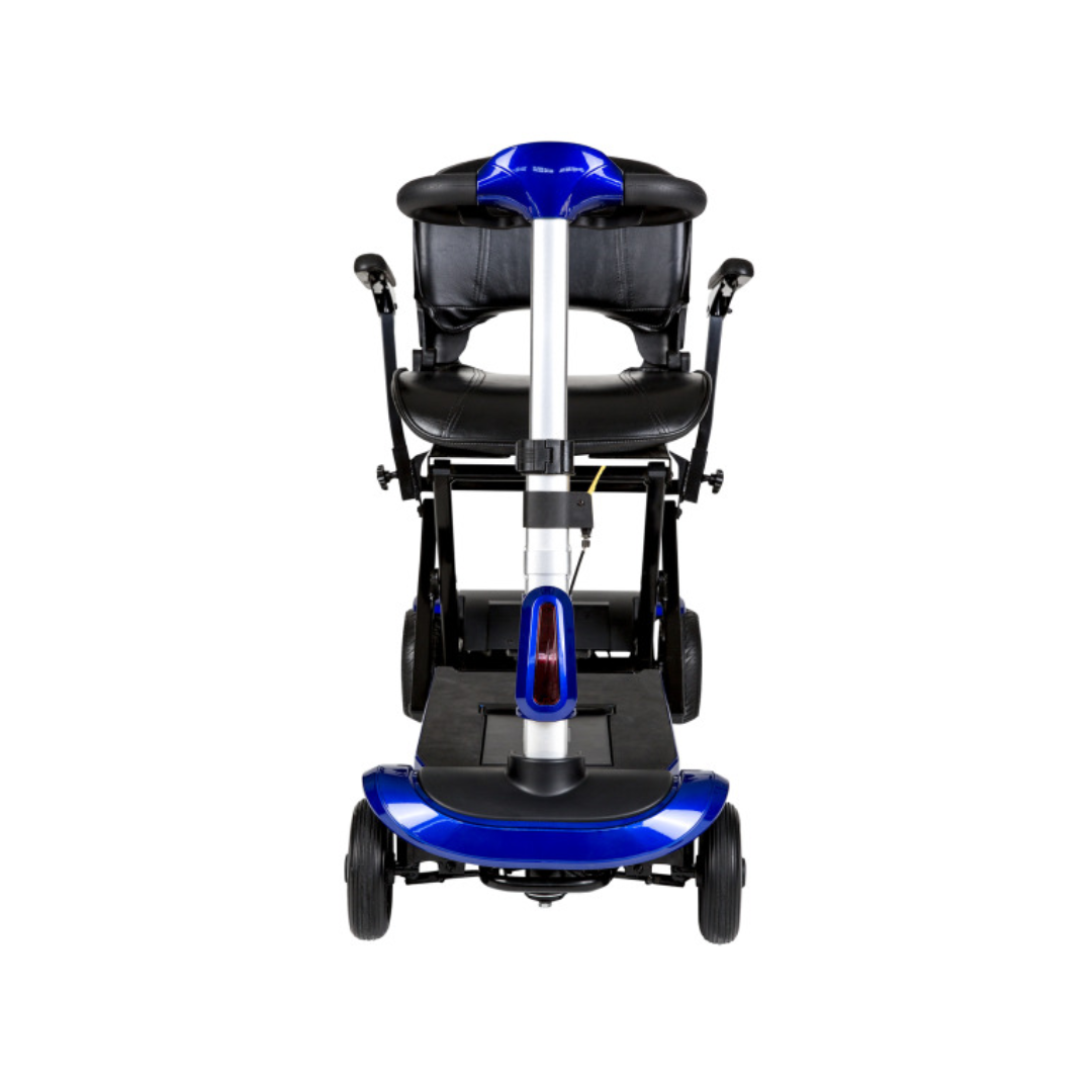 Drive Medical ZooMe Auto Flex 4 Wheel Folding Travel Mobility Scooter in sleek blue design for easy transport