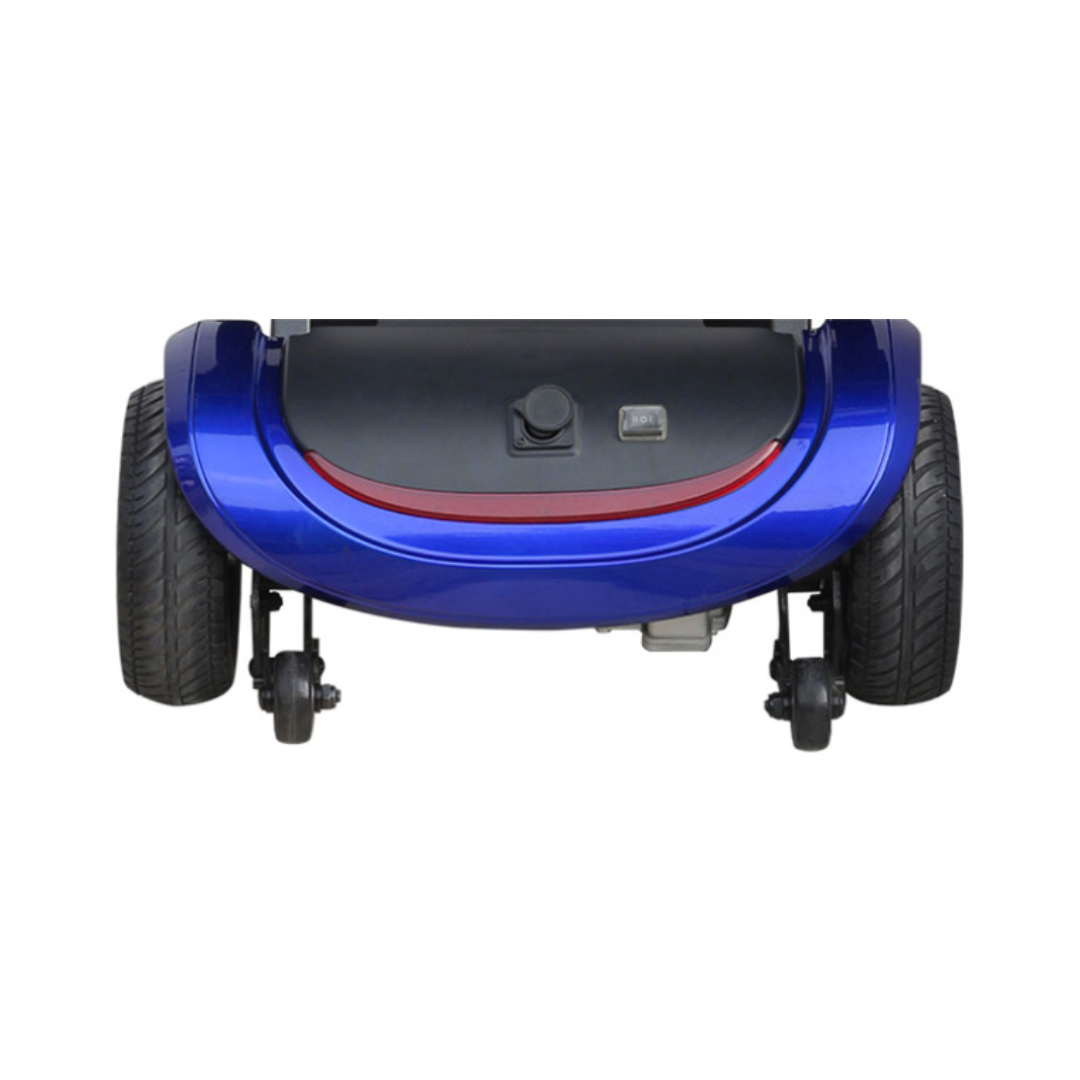 Drive Medical ZooMe Auto Flex 4 Wheel Folding Travel Mobility Scooter rear view with durable tires