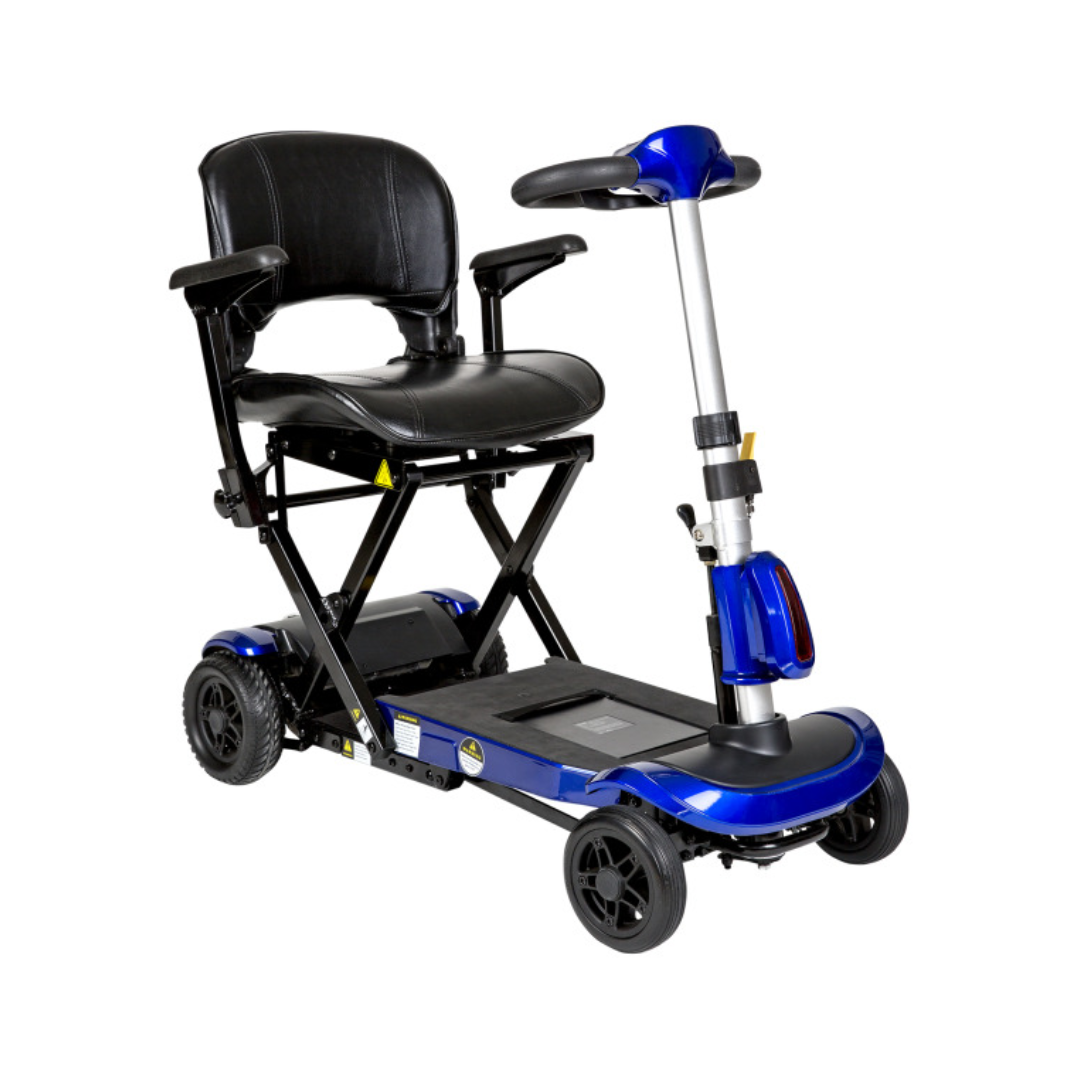 Drive Medical ZooMe Auto Flex 4 Wheel Folding Travel Mobility Scooter in blue with ergonomic seat