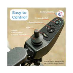 Journey Health & Lifestyle Zoomer Electric Power Mobility Folding Chair control panel with joystick and battery display