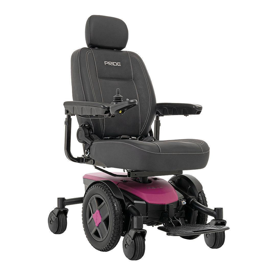 Pride Jazzy EVO 613 power wheelchair with black seat and purple base by Pride Mobility