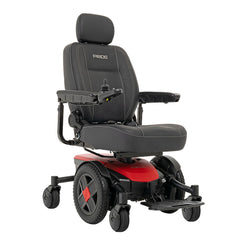 Pride Jazzy EVO 613 black and red power wheelchair with cushioned seat and joystick control