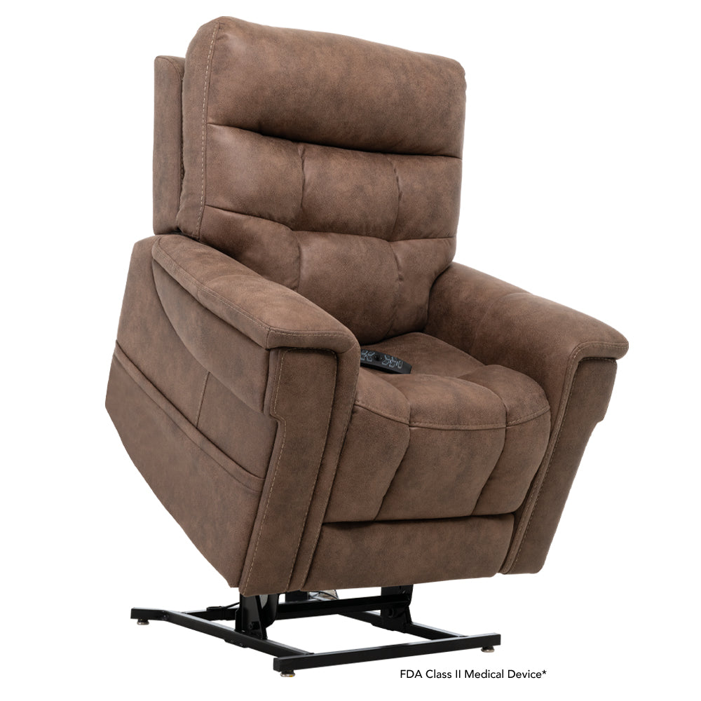 Pride Mobility VivaLift Radiance PLR3955PW brown power lift recliner chair with plush cushioning and remote control